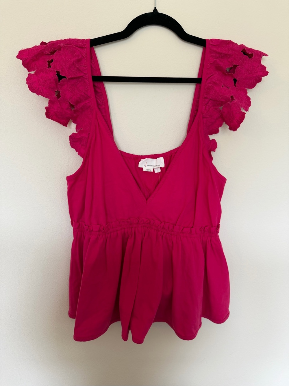 Anthropologie NWT Pink Embroidered Floral Applique Peplum Tank Top Large